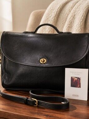 Coach Vintage Lexington Black Leather Flap Briefcase with Top Handle